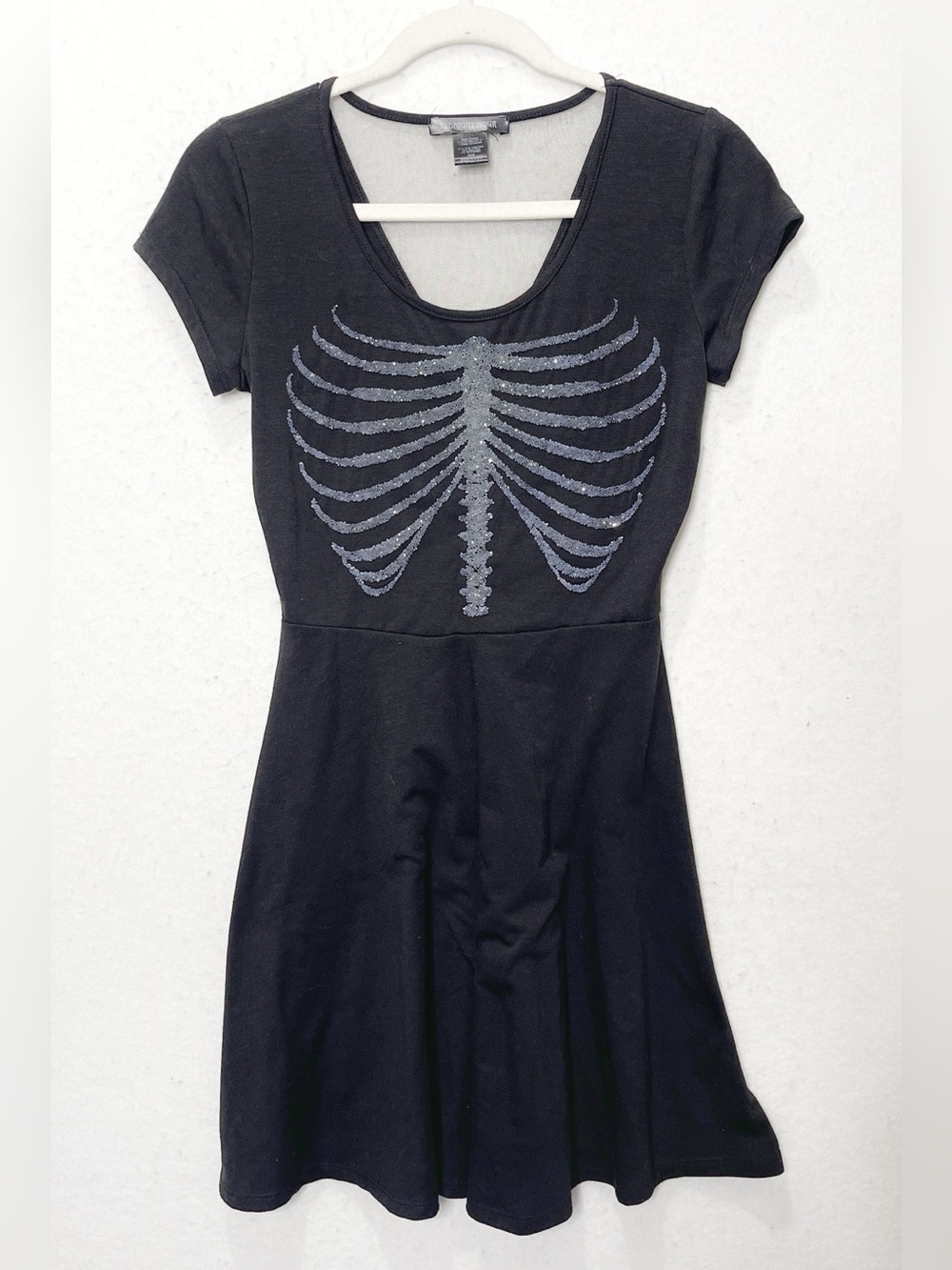 Midnight Hour Black Skeleton Ribcage Glitter Skater Dress Goth Alt Women’s Small
